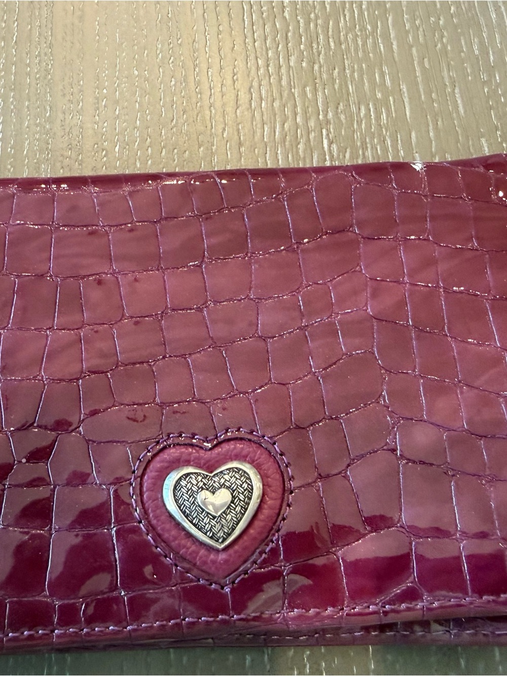 Brighton Faux-Croc Heart Accent Patent Wallet - Deep Berry